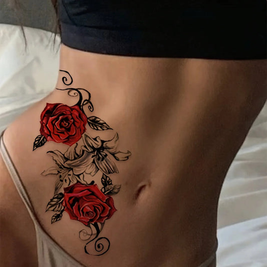 2pcs Red Temporary Rose Flower Arm & Leg Tattoo Stickers, Stripper Chest & Thigh Design, Waterproof, Perfect for Women