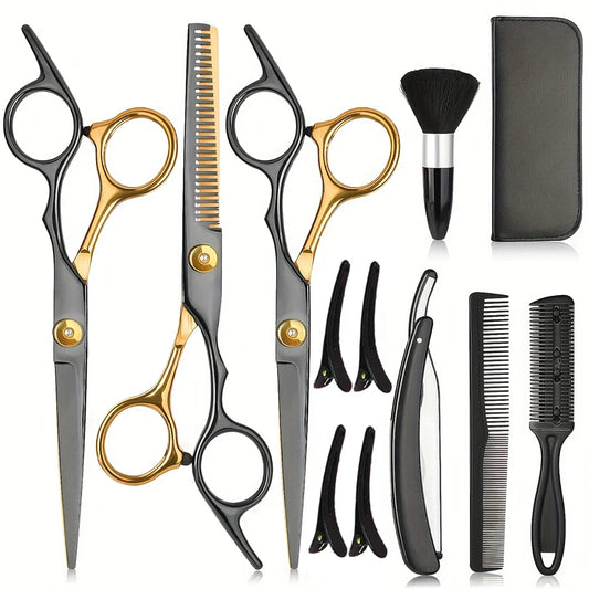 Professional Hair Cutting Kit 9Pcs Stainless Steel Barber Tools in Black Gold