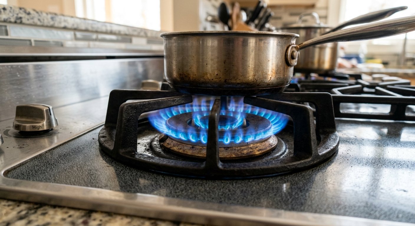 Blue gas flame on a kitchen burner