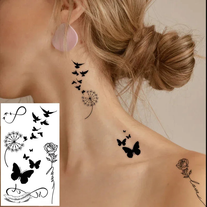Temporary Tattoo Stickers – Butterfly, Rose, Bird, Feather & Dandelion Designs | Waterproof Fake Tattoos for Women & Men Body Art