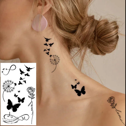 Temporary Tattoo Stickers – Butterfly, Rose, Bird, Feather & Dandelion Designs | Waterproof Fake Tattoos for Women & Men Body Art
