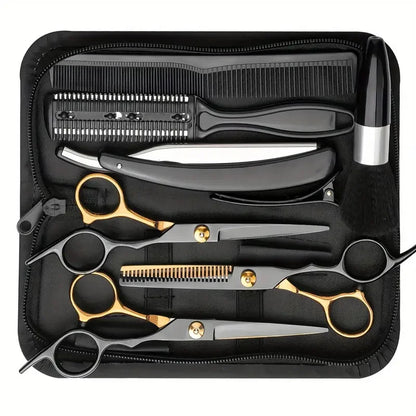 Professional Hair Cutting Kit 9Pcs  Stainless Steel Barber Tools in Black Gold