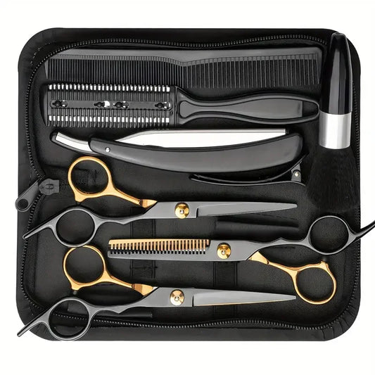 Professional Hair Cutting Kit 9Pcs  Stainless Steel Barber Tools in Black Gold