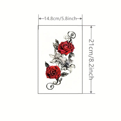 2pcs Red Temporary Rose Flower Arm & Leg Tattoo Stickers, Stripper Chest & Thigh Design, Waterproof, Perfect for Women