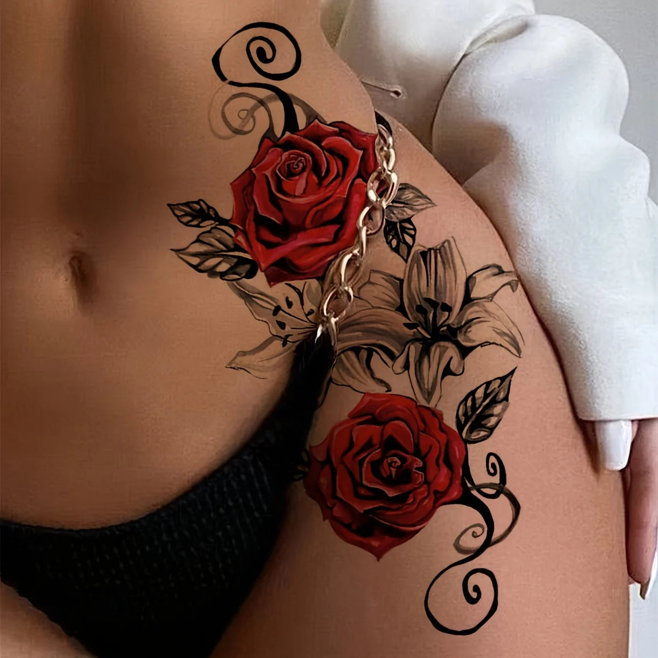 2pcs Red Temporary Rose Flower Arm & Leg Tattoo Stickers, Stripper Chest & Thigh Design, Waterproof, Perfect for Women