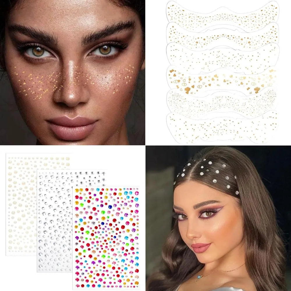 9 Sheets Glitter Freckles Face Tattoo Stickers  Sparkle Makeup with Gold & Silver Gems, Festival Rave Jewels & Half-Magic Face Stickers
