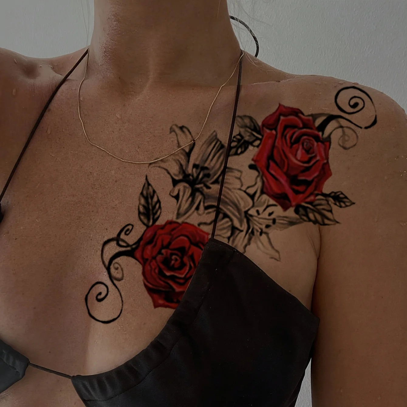 2pcs Red Temporary Rose Flower Arm & Leg Tattoo Stickers, Stripper Chest & Thigh Design, Waterproof, Perfect for Women